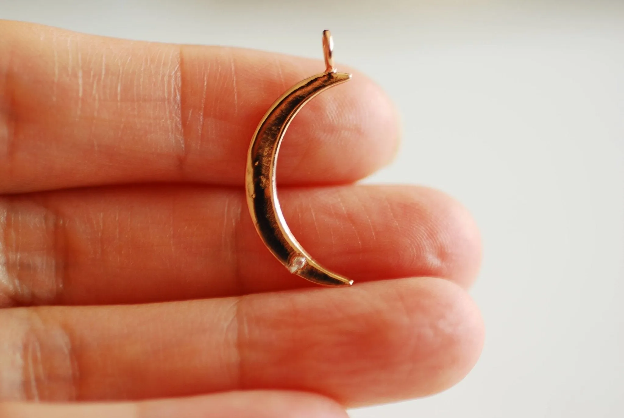Wholesale Pink Rose Gold Crescent Moon Cubic Zirconia Stone- 22k Gold Plated 925 Sterling Silver, Moon with CZ Accent, Pave Horn, Attached Bail, 366