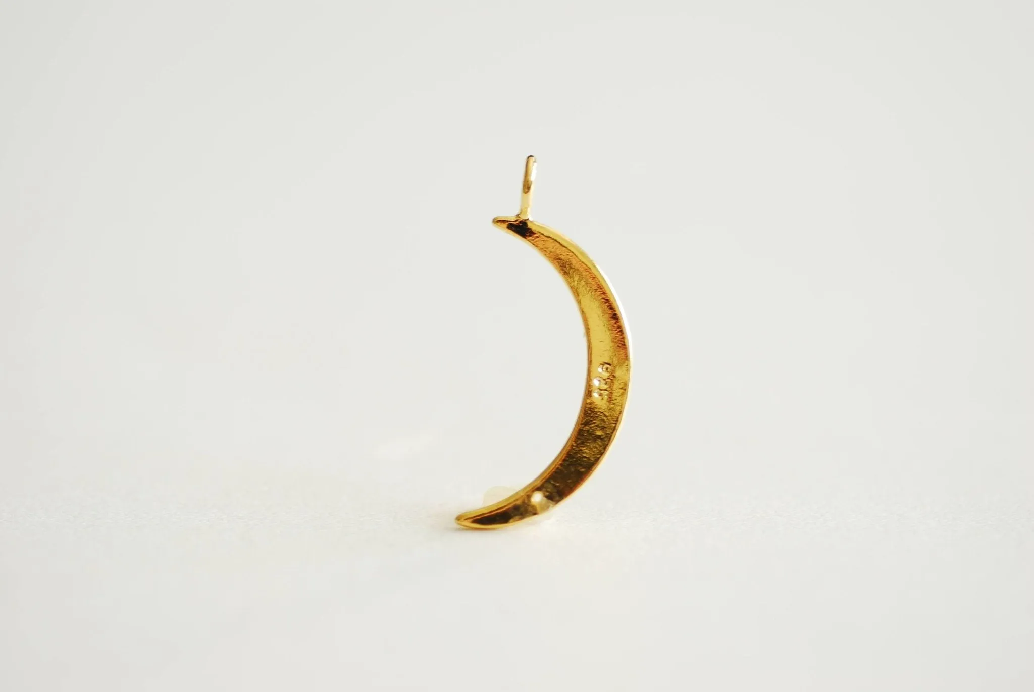 Wholesale Pink Rose Gold Crescent Moon Cubic Zirconia Stone- 22k Gold Plated 925 Sterling Silver, Moon with CZ Accent, Pave Horn, Attached Bail, 366
