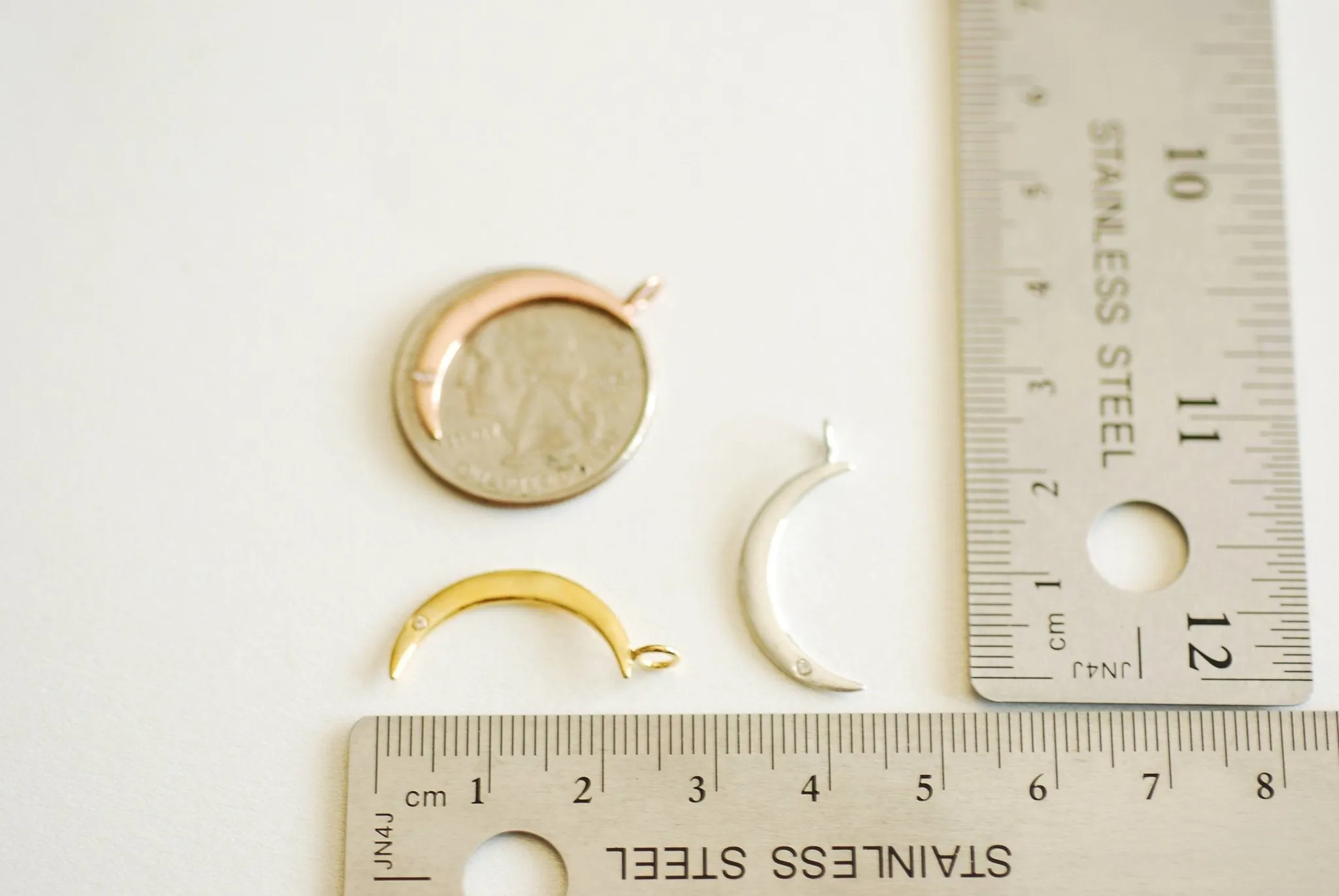 Wholesale Pink Rose Gold Crescent Moon Cubic Zirconia Stone- 22k Gold Plated 925 Sterling Silver, Moon with CZ Accent, Pave Horn, Attached Bail, 366