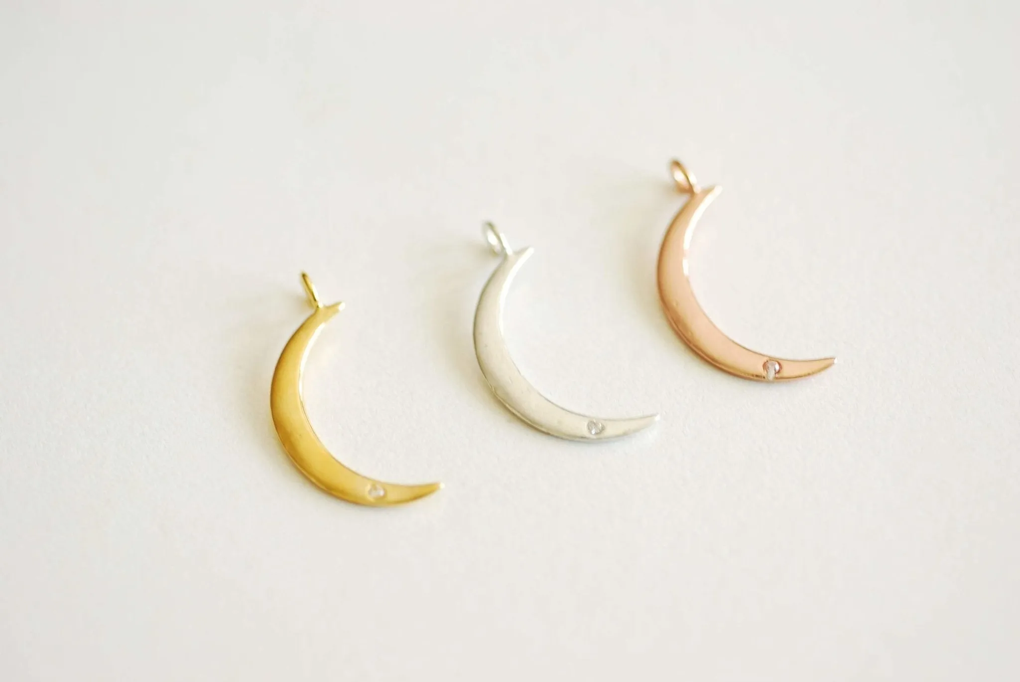 Wholesale Pink Rose Gold Crescent Moon Cubic Zirconia Stone- 22k Gold Plated 925 Sterling Silver, Moon with CZ Accent, Pave Horn, Attached Bail, 366